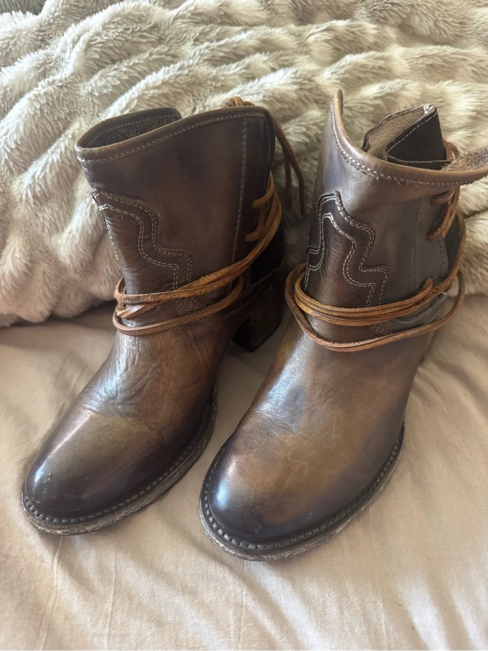 freebird Brown Leather Western Ankle Boots with Wrap Lace